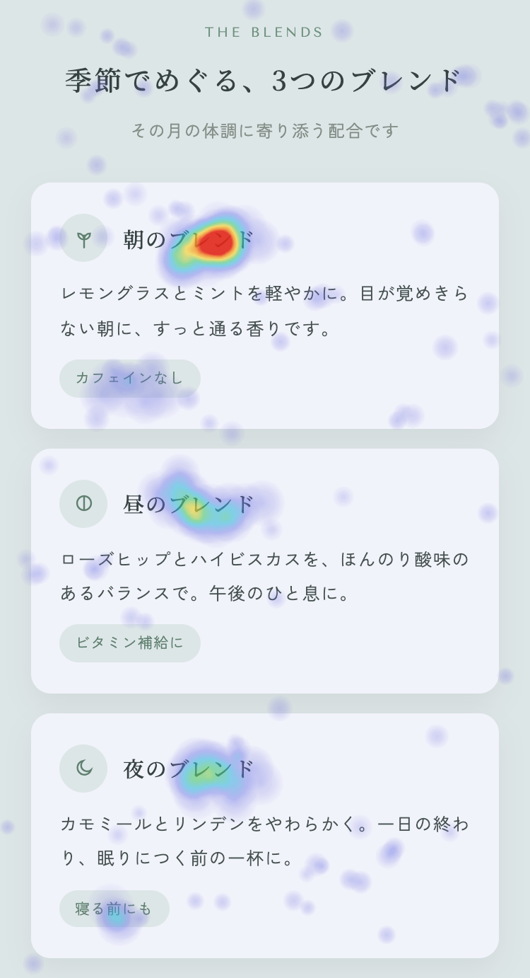 3つのブレンドのカードのタップヒートマップ。押せないカードの見出しに反応が集中している
